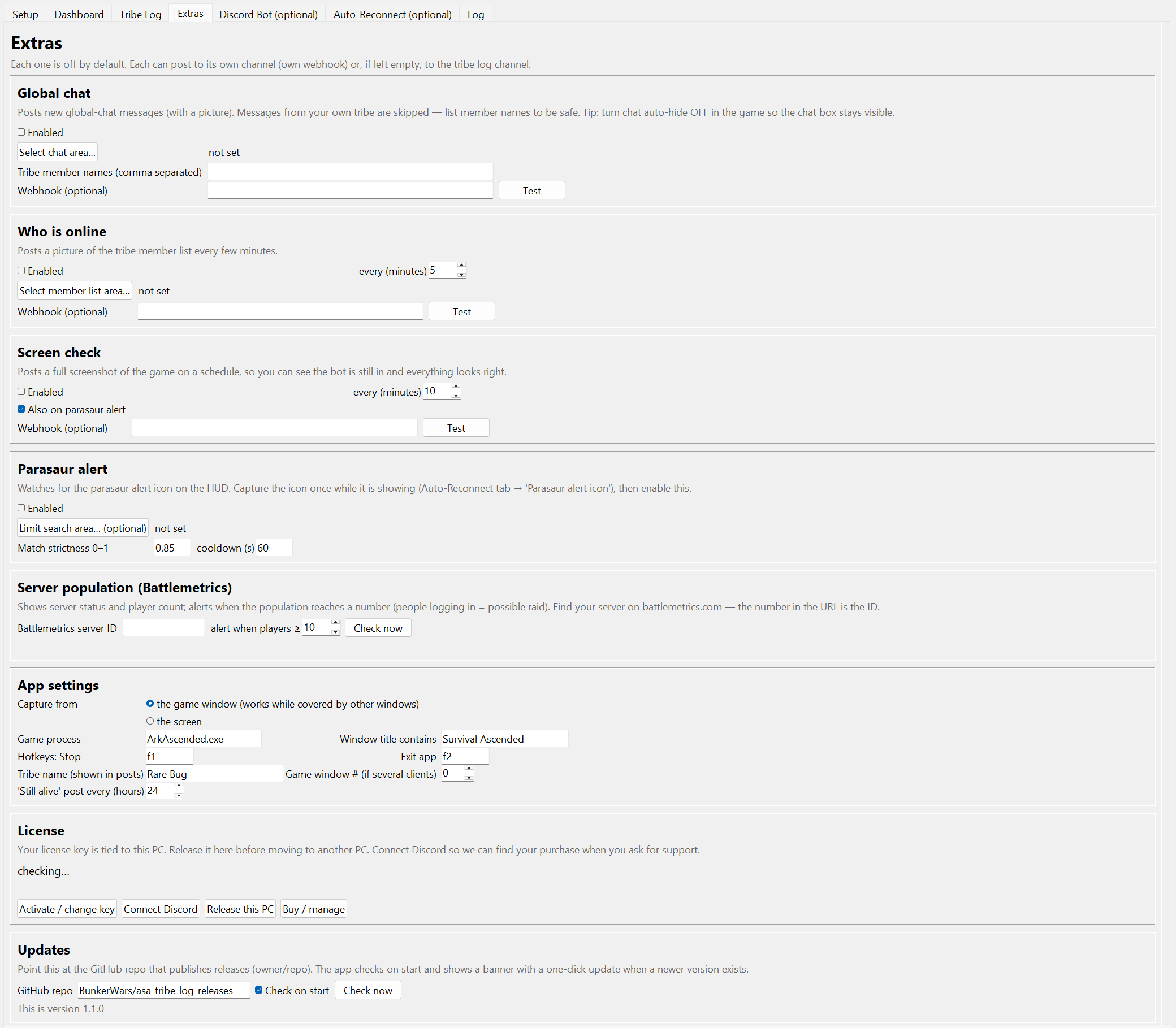 Extras tab: global chat, who is online, screen check, parasaur alert and Battlemetrics server population sections, each with its own enable switch and webhook