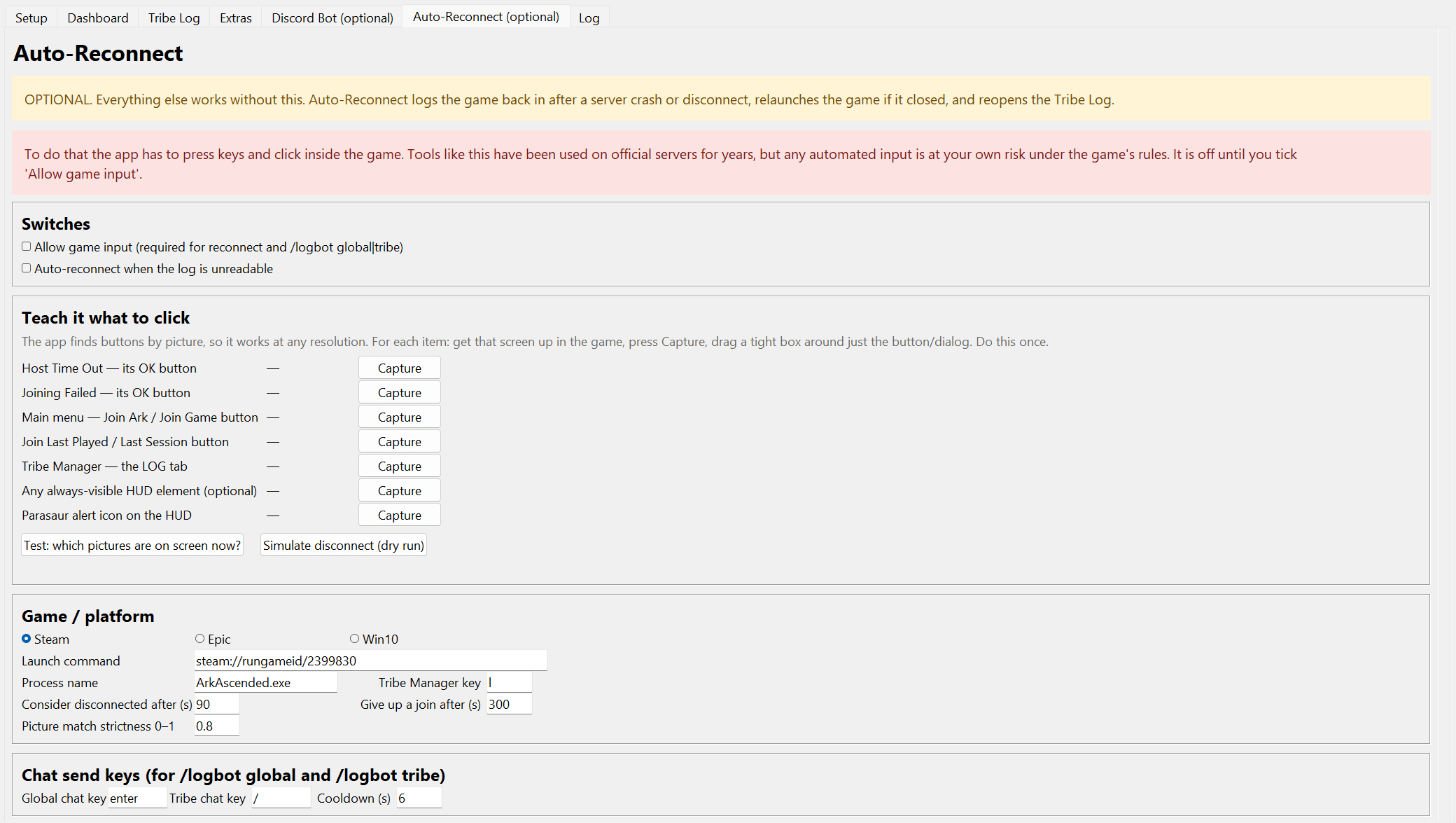 Auto-Reconnect tab with capture buttons for the game's menu buttons and dialogs, platform selection and chat-send keys