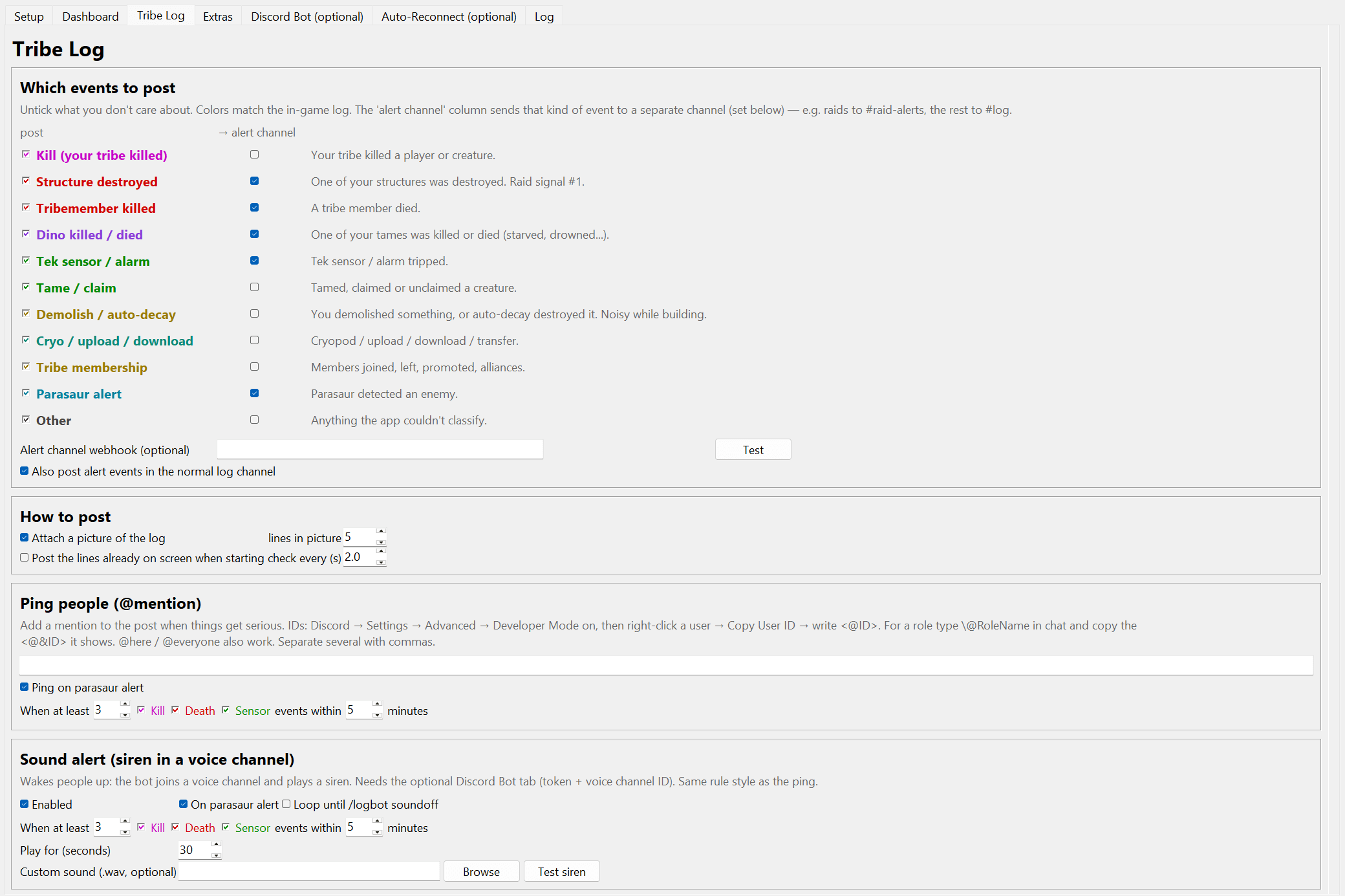 Tribe Log tab: checkboxes for eleven event types with an alert-channel column, picture and polling options, @mention rules and voice siren rules