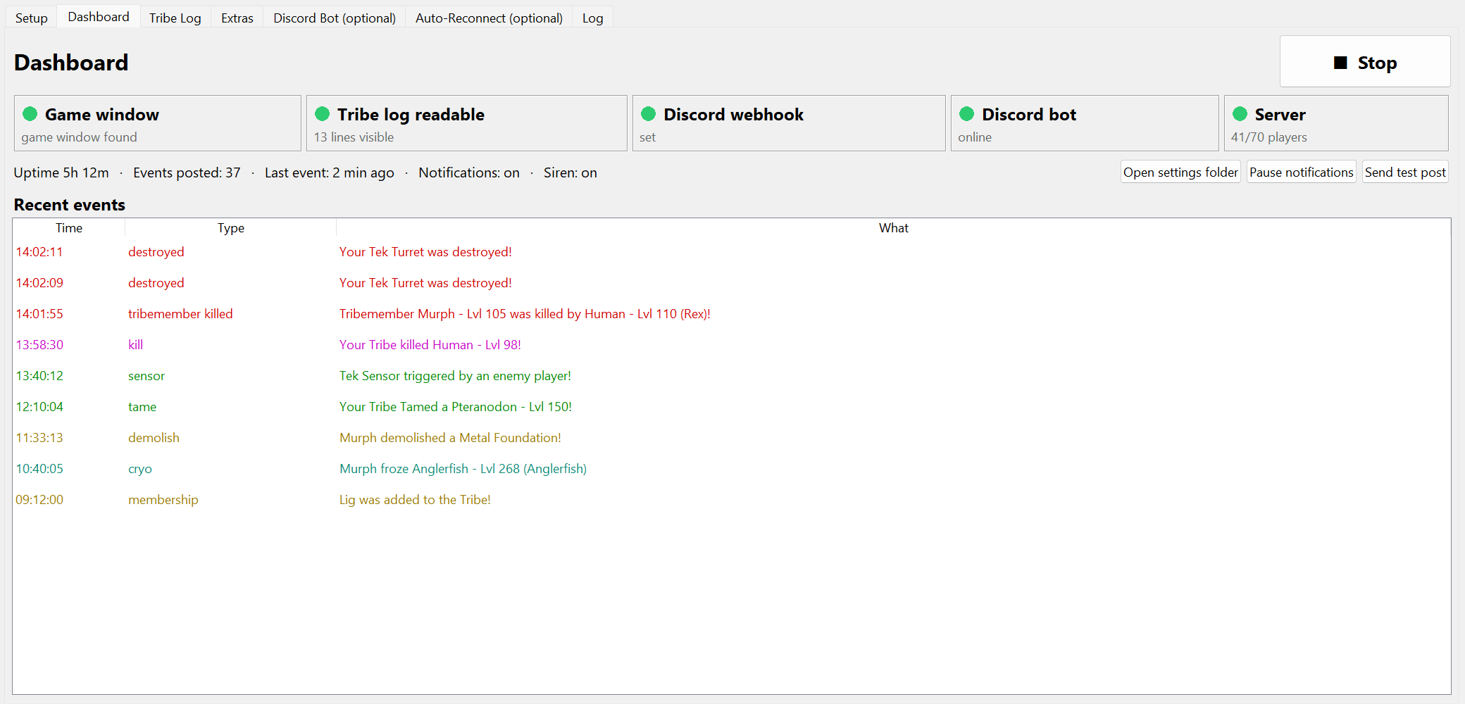 ASA Tribe Log Bot dashboard: five green status tiles (game window found, tribe log readable, Discord webhook, Discord bot, server 41/70 players) and a list of recent tribe log events colour-coded by type